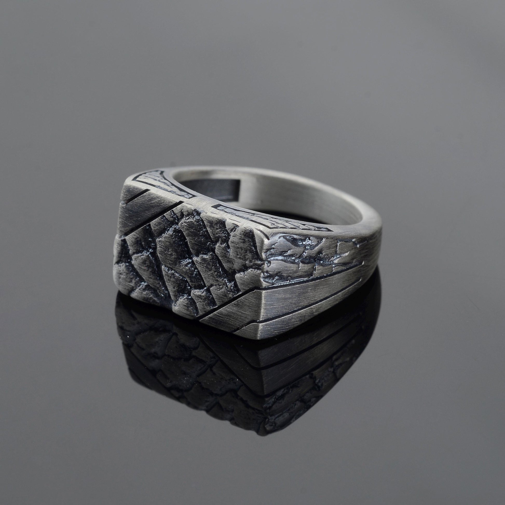 Handmade Brutalist Sterling Silver Signet Ring: Broken Stone Textured Ring