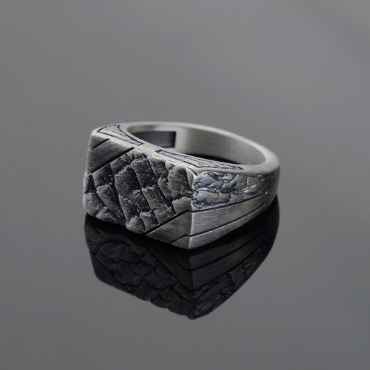 Handmade Brutalist Sterling Silver Signet Ring: Broken Stone Textured Ring