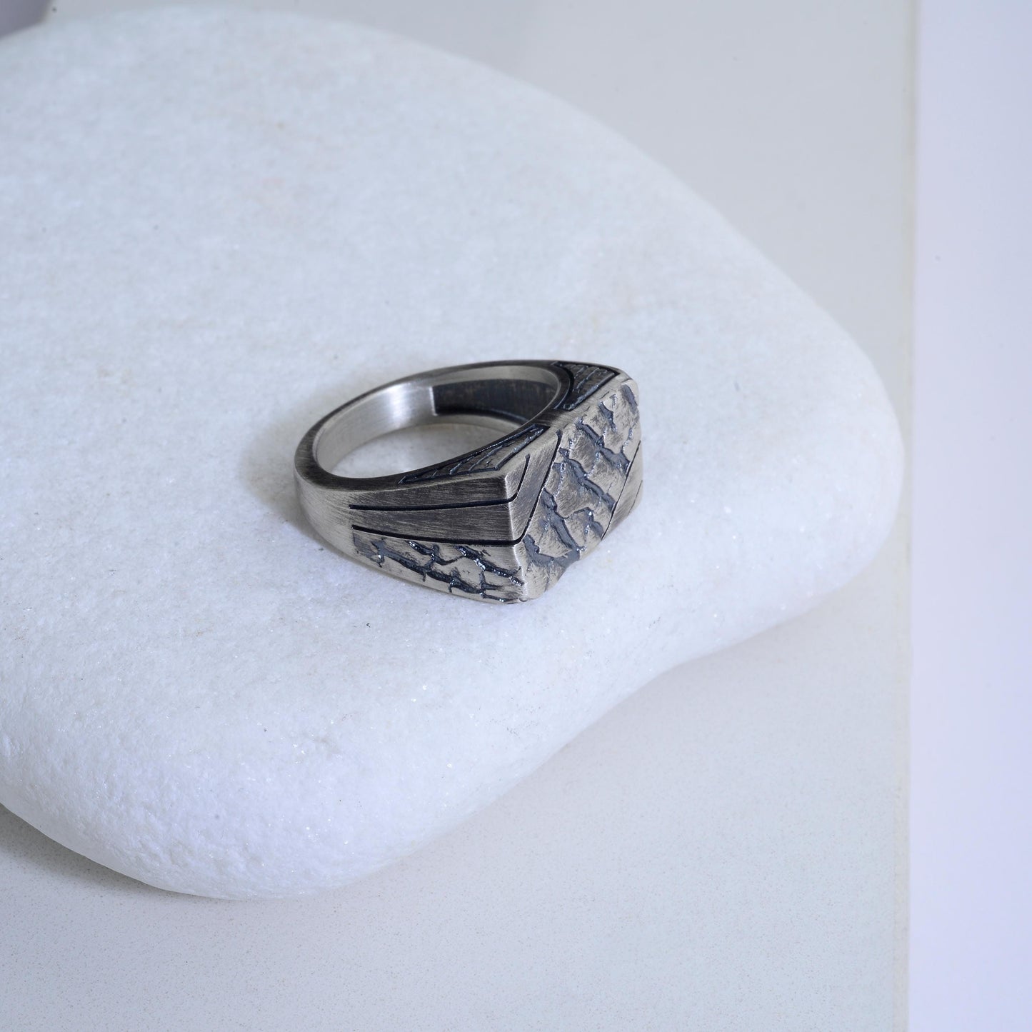 Handmade Brutalist Sterling Silver Signet Ring: Broken Stone Textured Ring