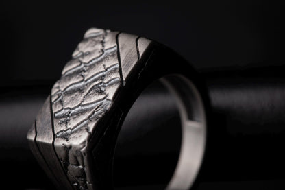 Handmade Brutalist Sterling Silver Signet Ring: Broken Stone Textured Ring