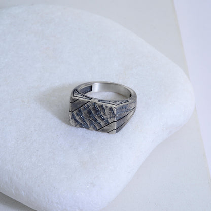 Handmade Brutalist Sterling Silver Signet Ring: Broken Stone Textured Ring