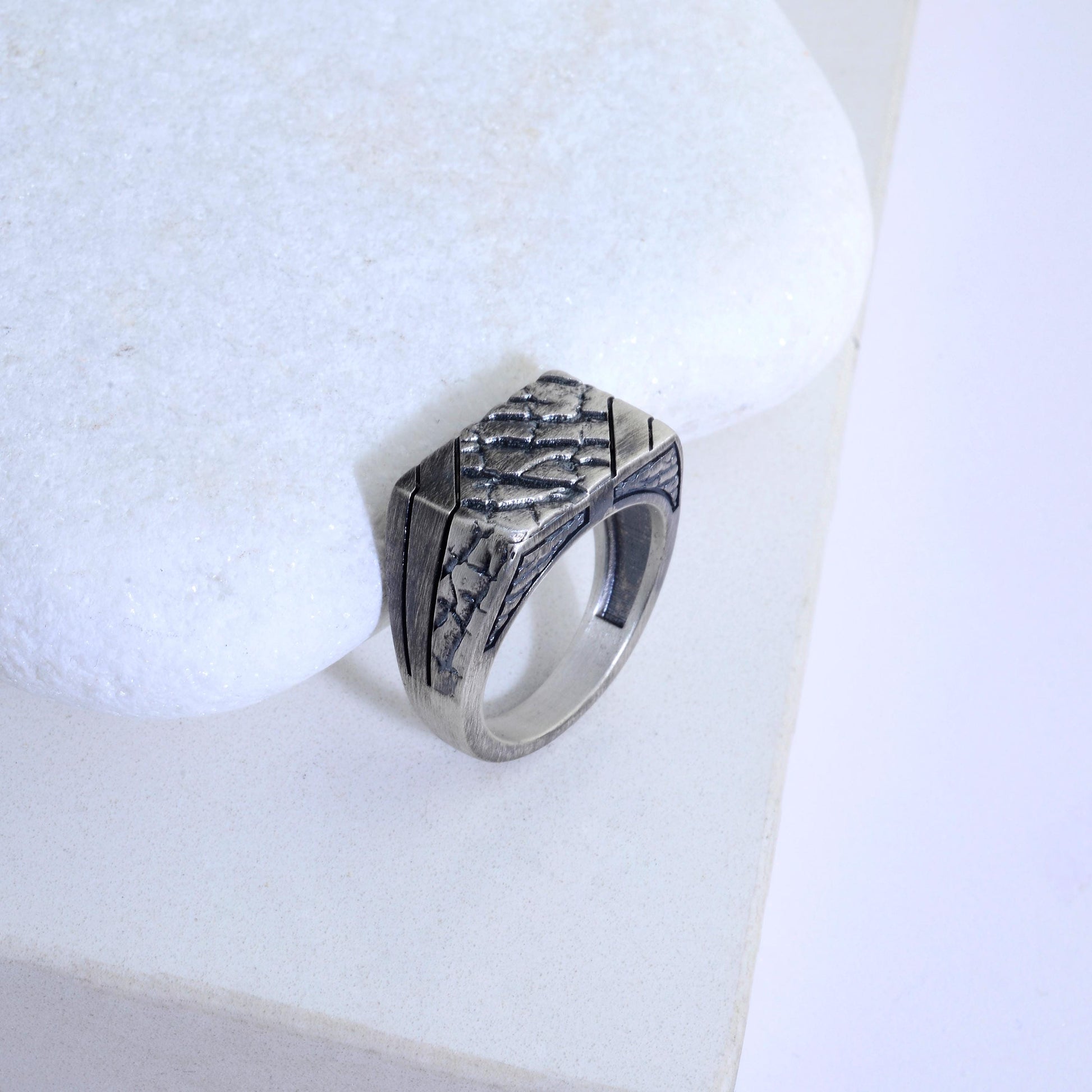 Handmade Brutalist Sterling Silver Signet Ring: Broken Stone Textured Ring