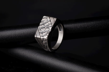 Handmade Brutalist Sterling Silver Signet Ring: Broken Stone Textured Ring
