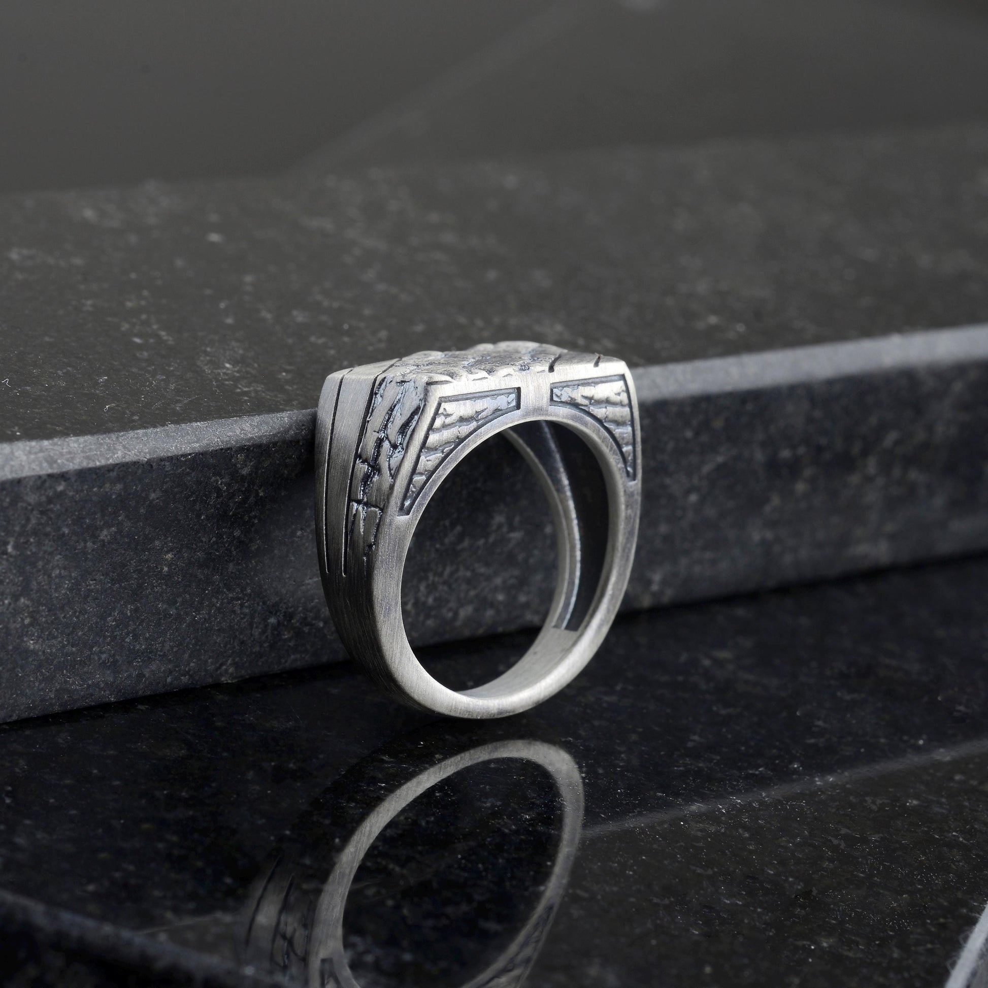 Handmade Brutalist Sterling Silver Signet Ring: Broken Stone Textured Ring