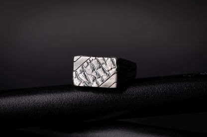 Handmade Brutalist Sterling Silver Signet Ring: Broken Stone Textured Ring
