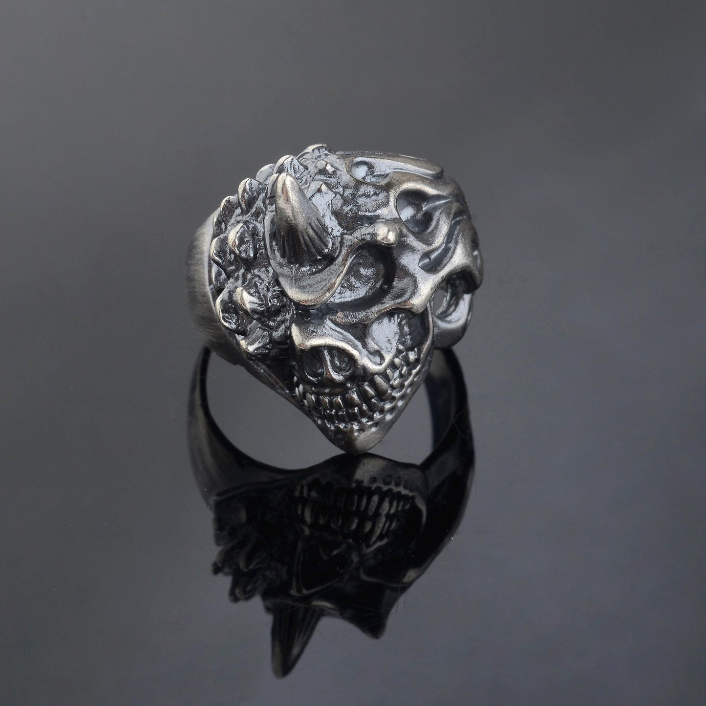Handmade Sterling Silver Horned Skull Ring, Biker Jewelry