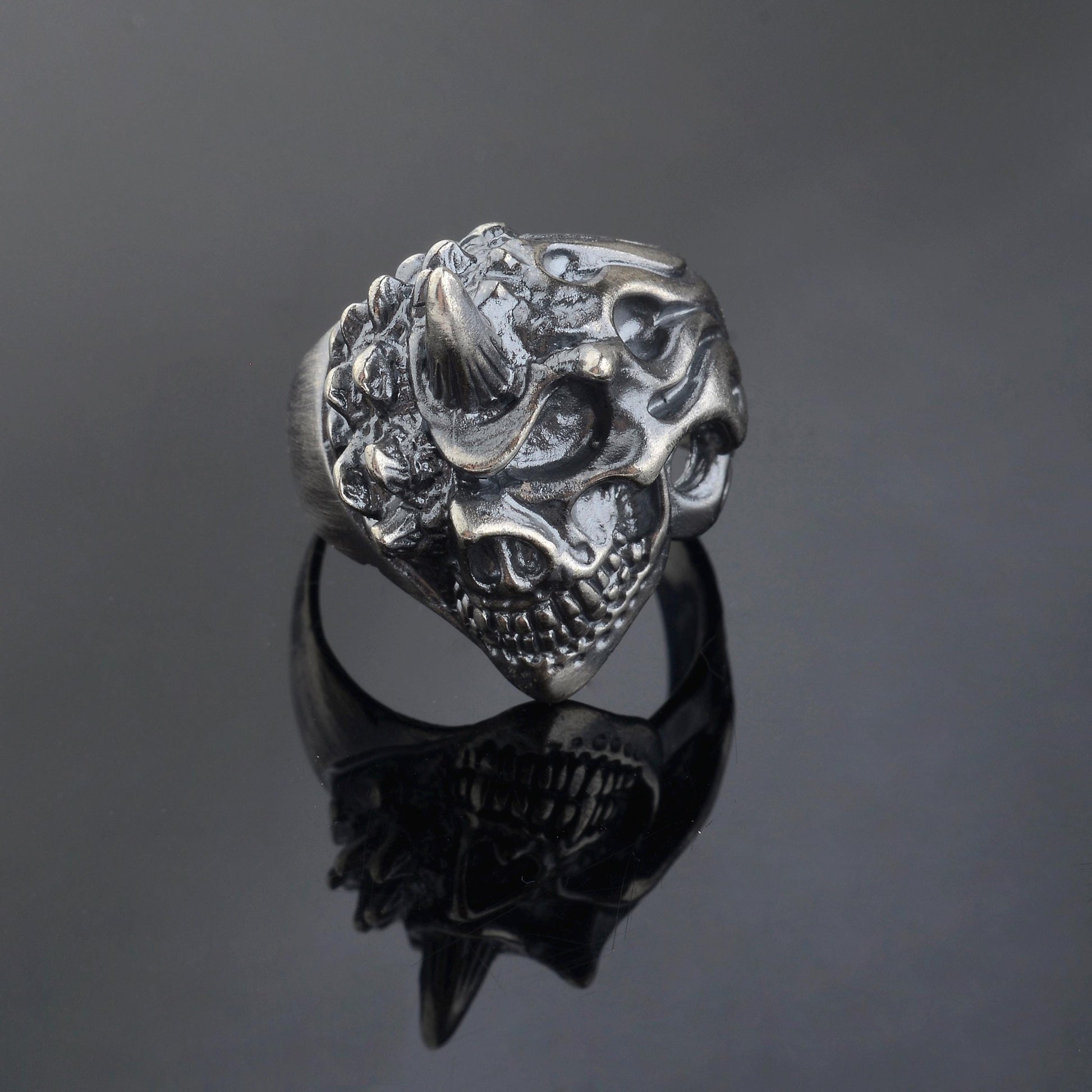 Handmade Sterling Silver Horned Skull Ring, Biker Jewelry