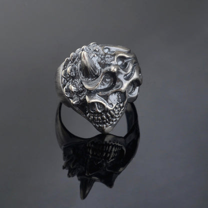 Handmade Sterling Silver Horned Skull Ring, Biker Jewelry