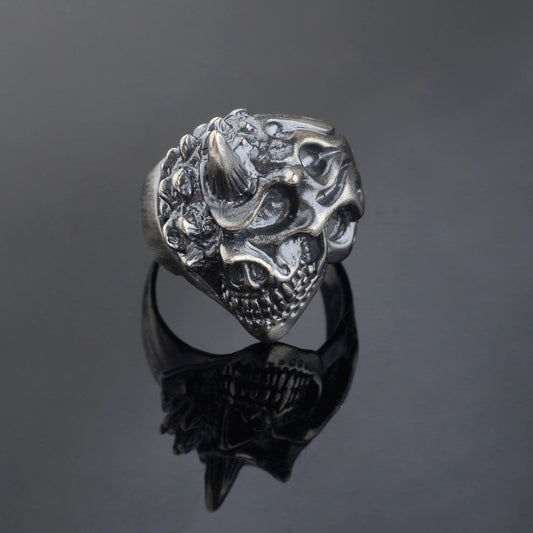 Handmade Sterling Silver Horned Skull Ring, Biker Jewelry
