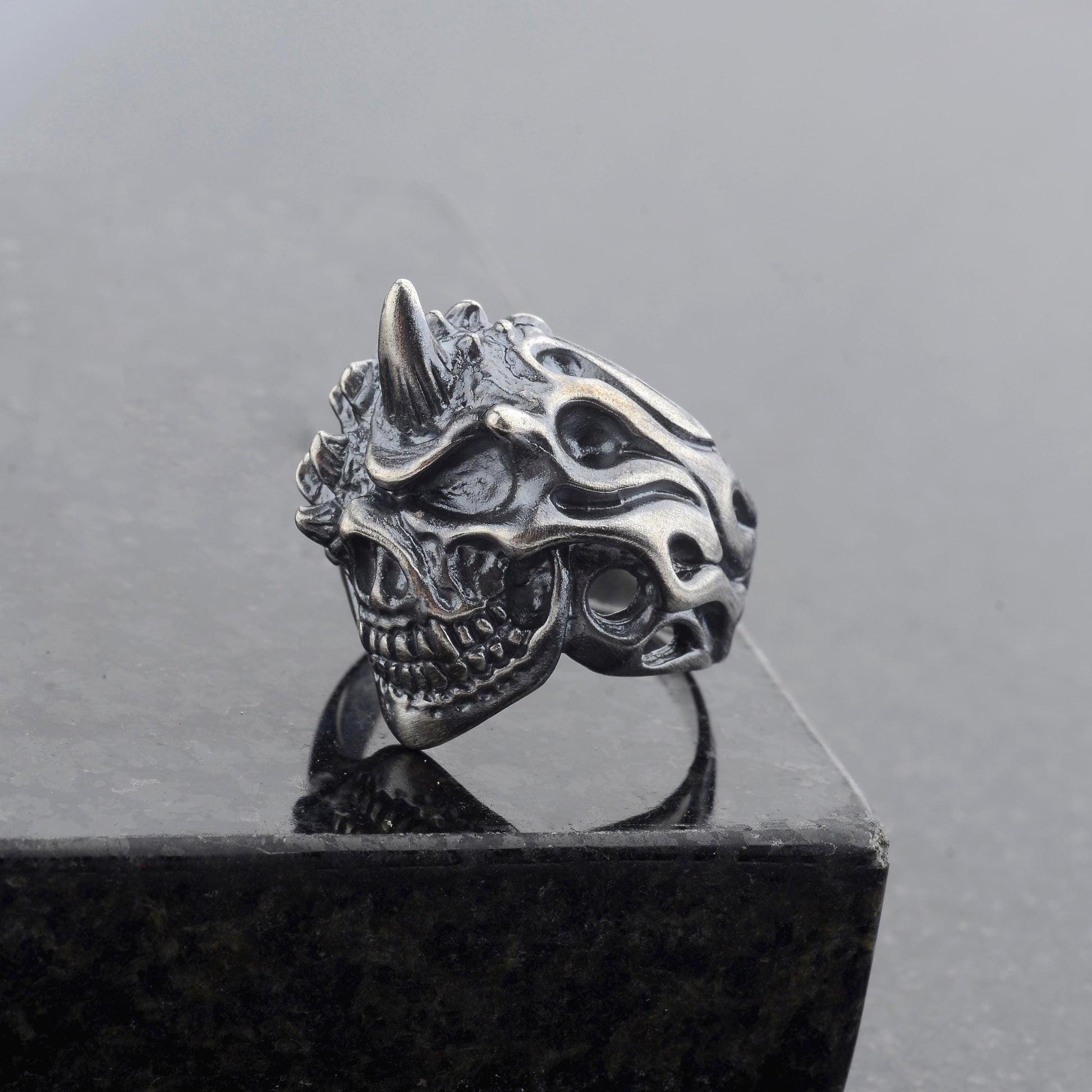 Handmade Sterling Silver Horned Skull Ring, Biker Jewelry
