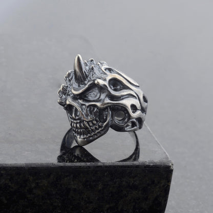 Handmade Sterling Silver Horned Skull Ring, Biker Jewelry