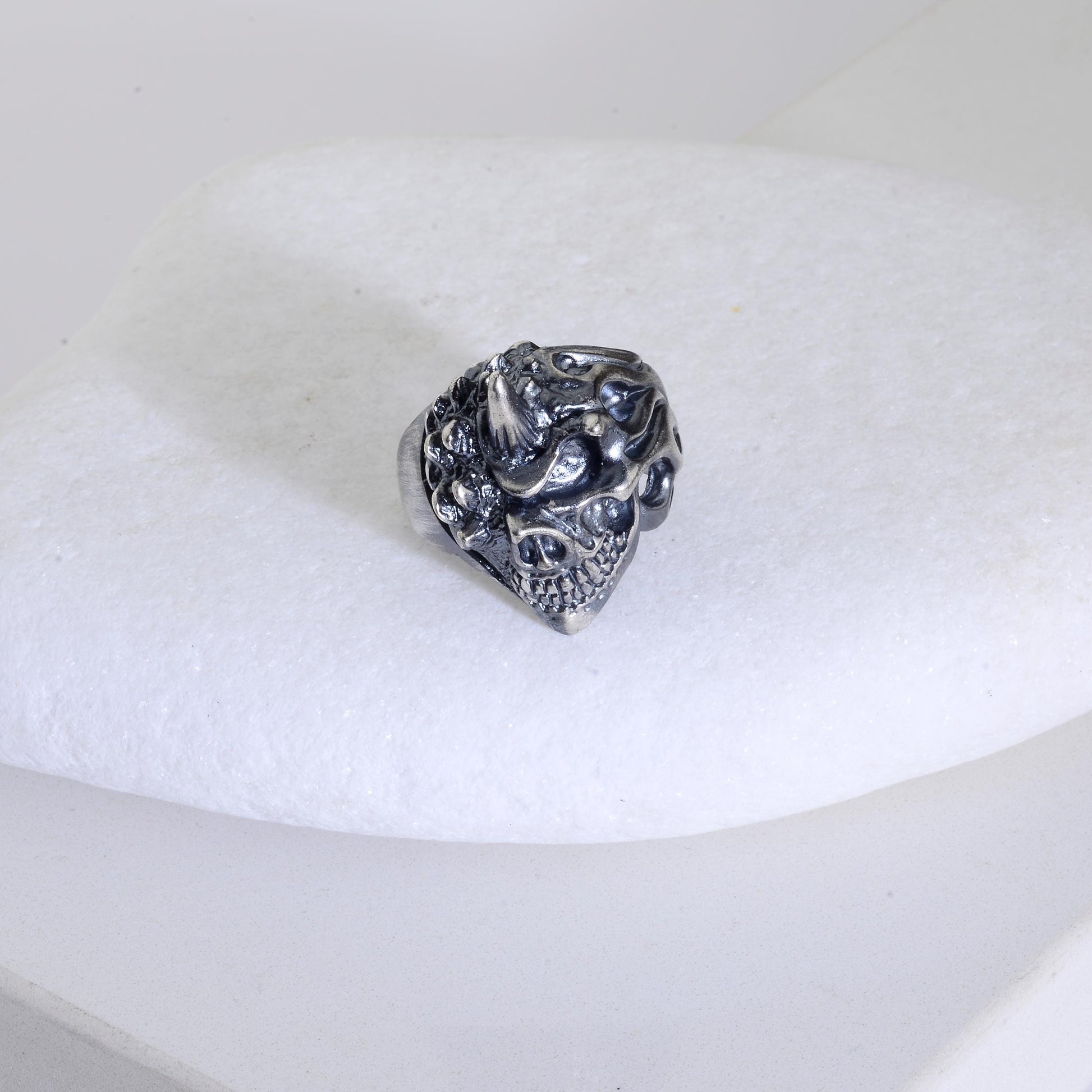 Handmade Sterling Silver Horned Skull Ring, Biker Jewelry