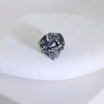 Handmade Sterling Silver Horned Skull Ring, Biker Jewelry