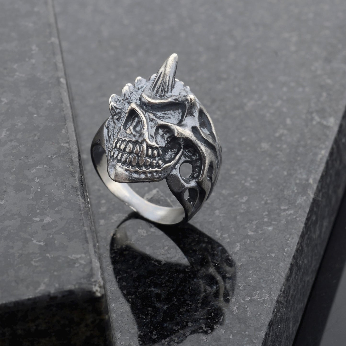 Handmade Sterling Silver Horned Skull Ring, Biker Jewelry