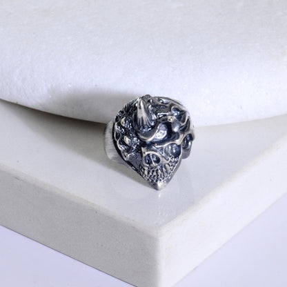 Handmade Sterling Silver Horned Skull Ring, Biker Jewelry