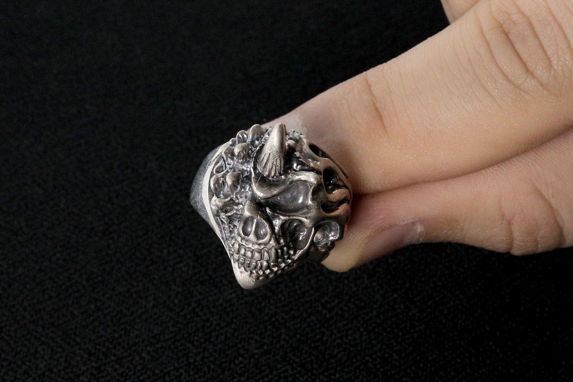 Handmade Sterling Silver Horned Skull Ring, Biker Jewelry