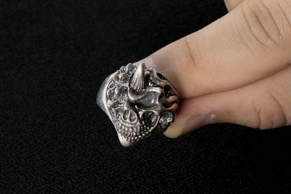 Handmade Sterling Silver Horned Skull Ring, Biker Jewelry