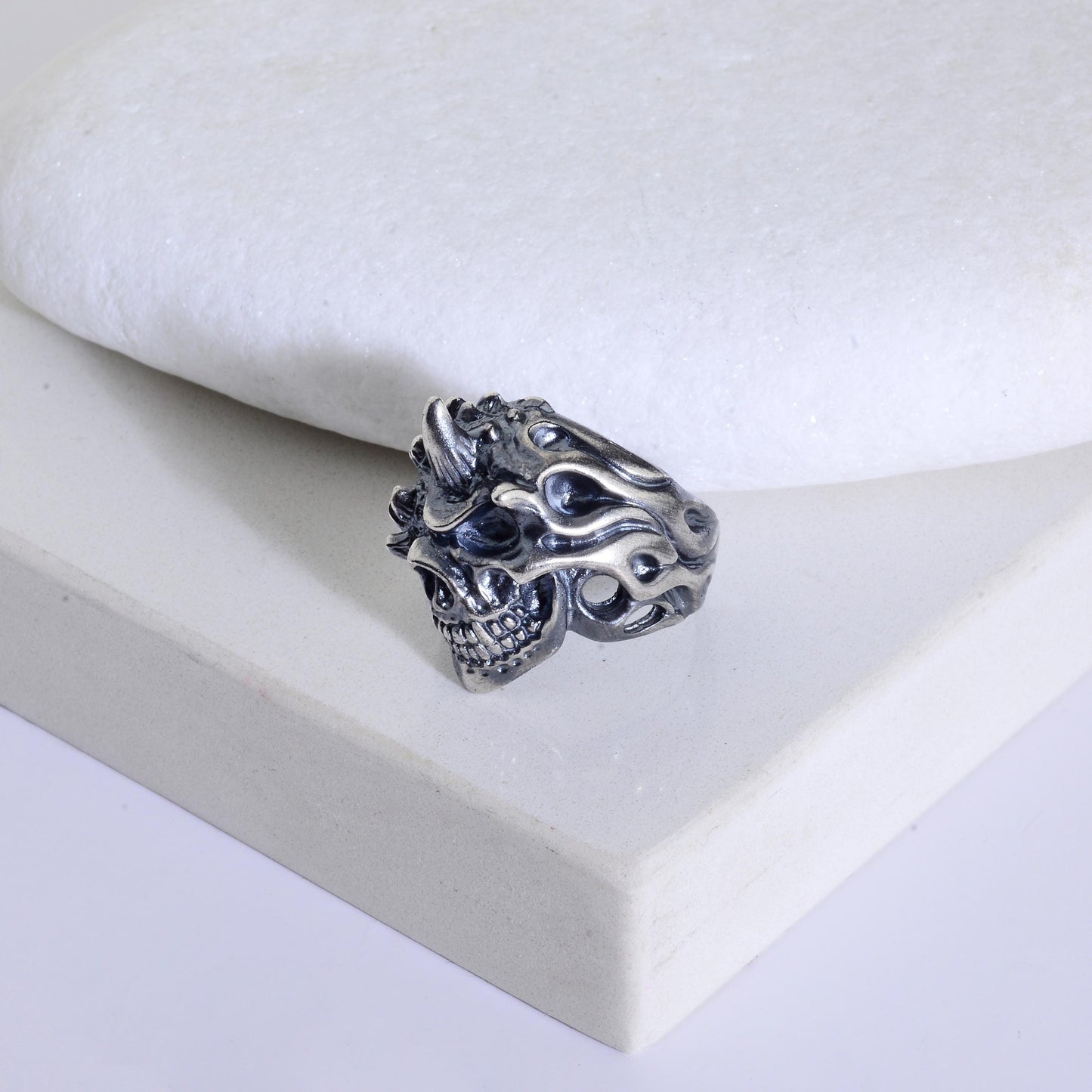 Handmade Sterling Silver Horned Skull Ring, Biker Jewelry
