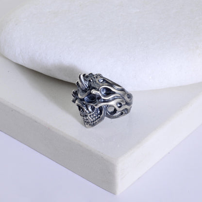 Handmade Sterling Silver Horned Skull Ring, Biker Jewelry