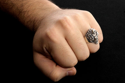 Handmade Sterling Silver Horned Skull Ring, Biker Jewelry