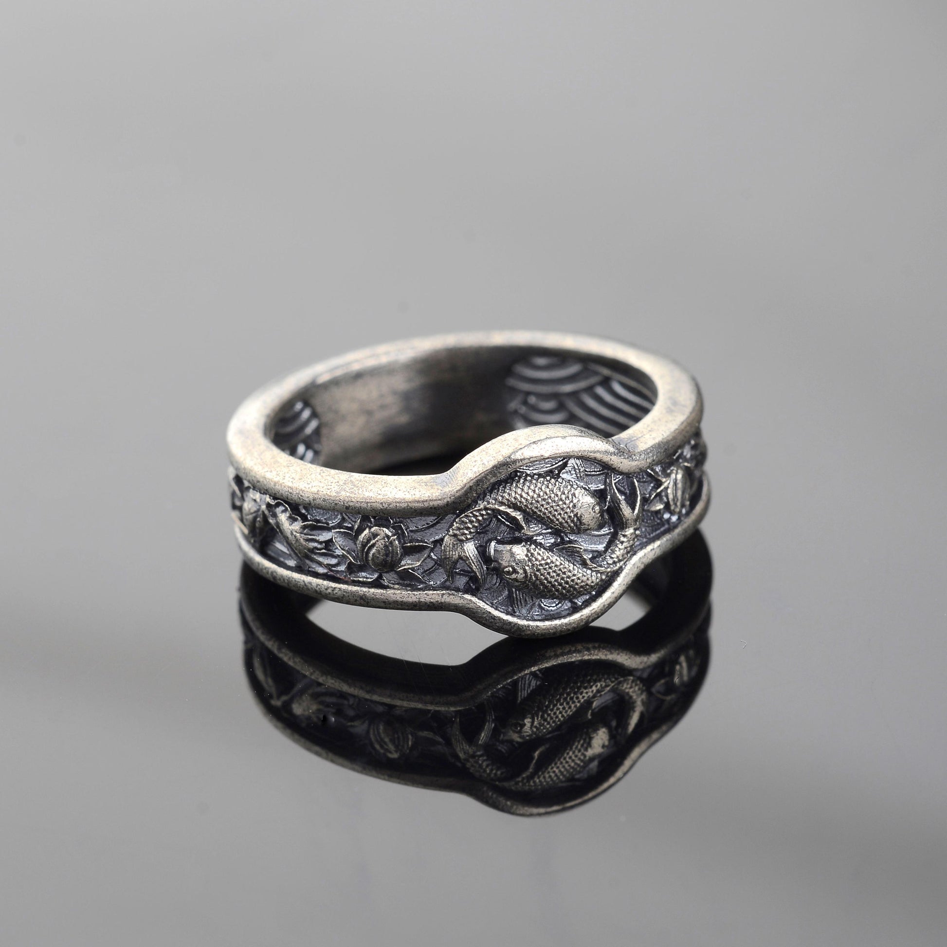 Handmade Sterling Silver Koi Fish Ring, Japanese Wedding Band