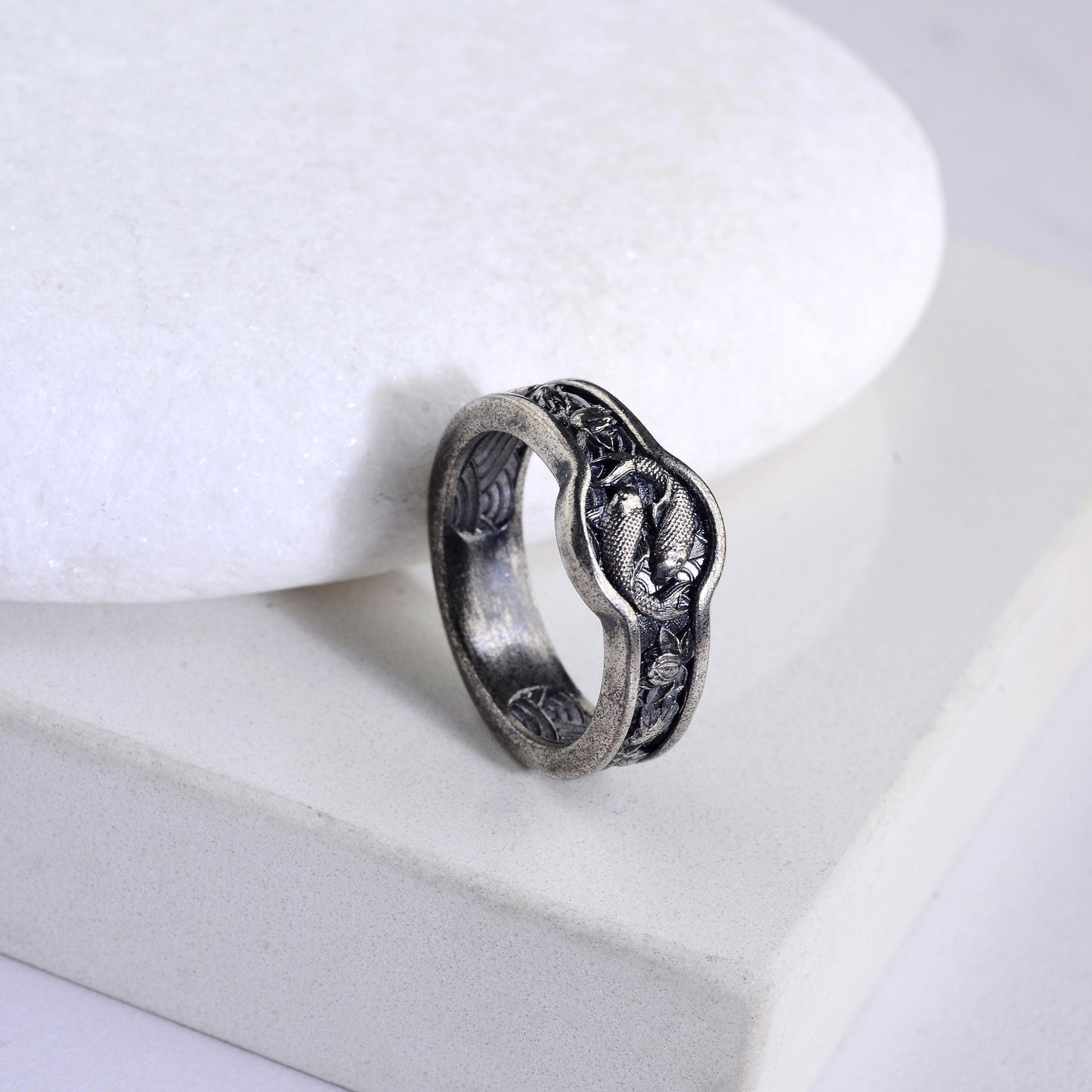 Handmade Sterling Silver Koi Fish Ring, Japanese Wedding Band