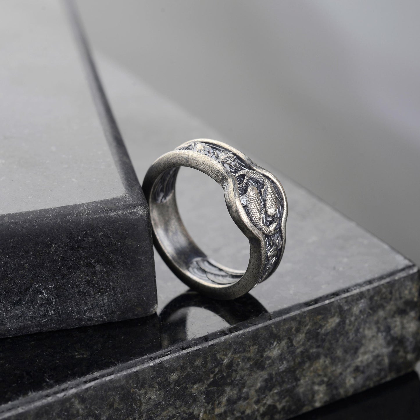 Handmade Sterling Silver Koi Fish Ring, Japanese Wedding Band