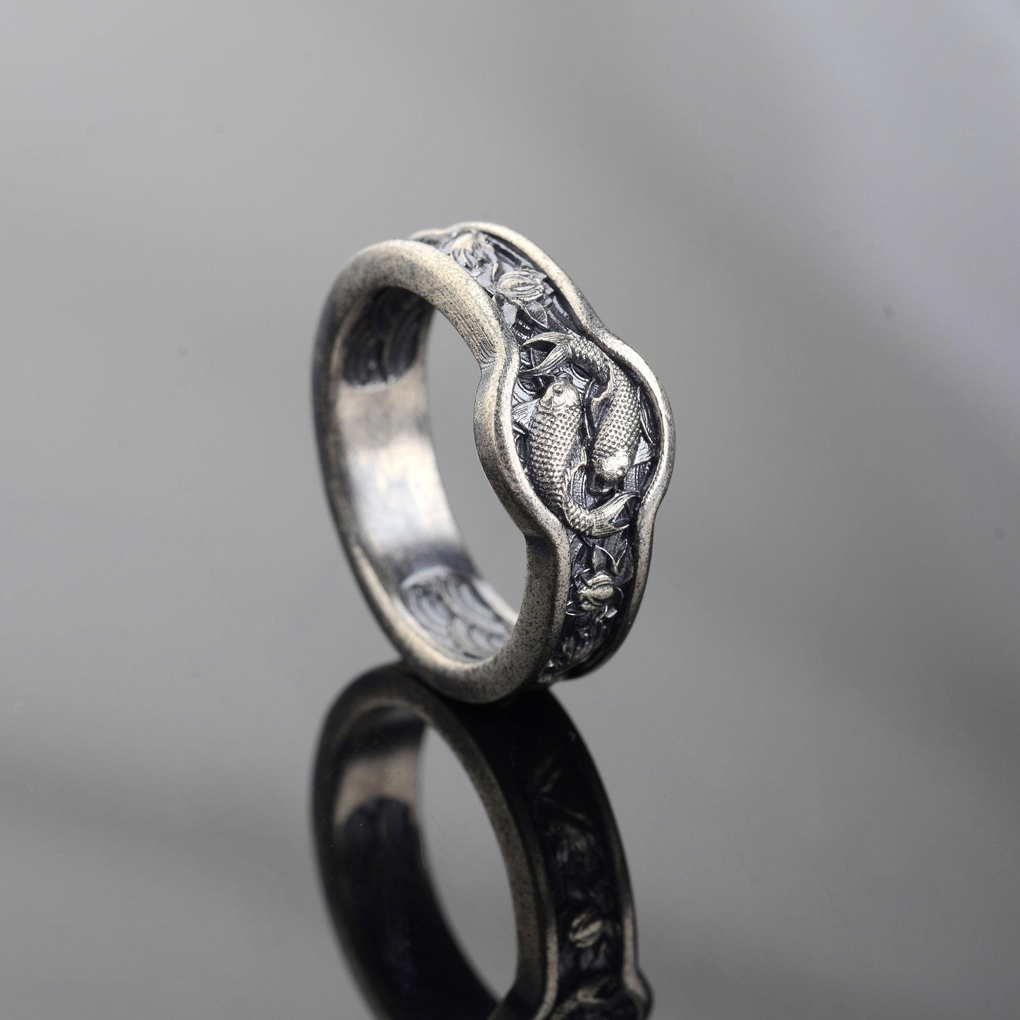 Handmade Sterling Silver Koi Fish Ring, Japanese Wedding Band