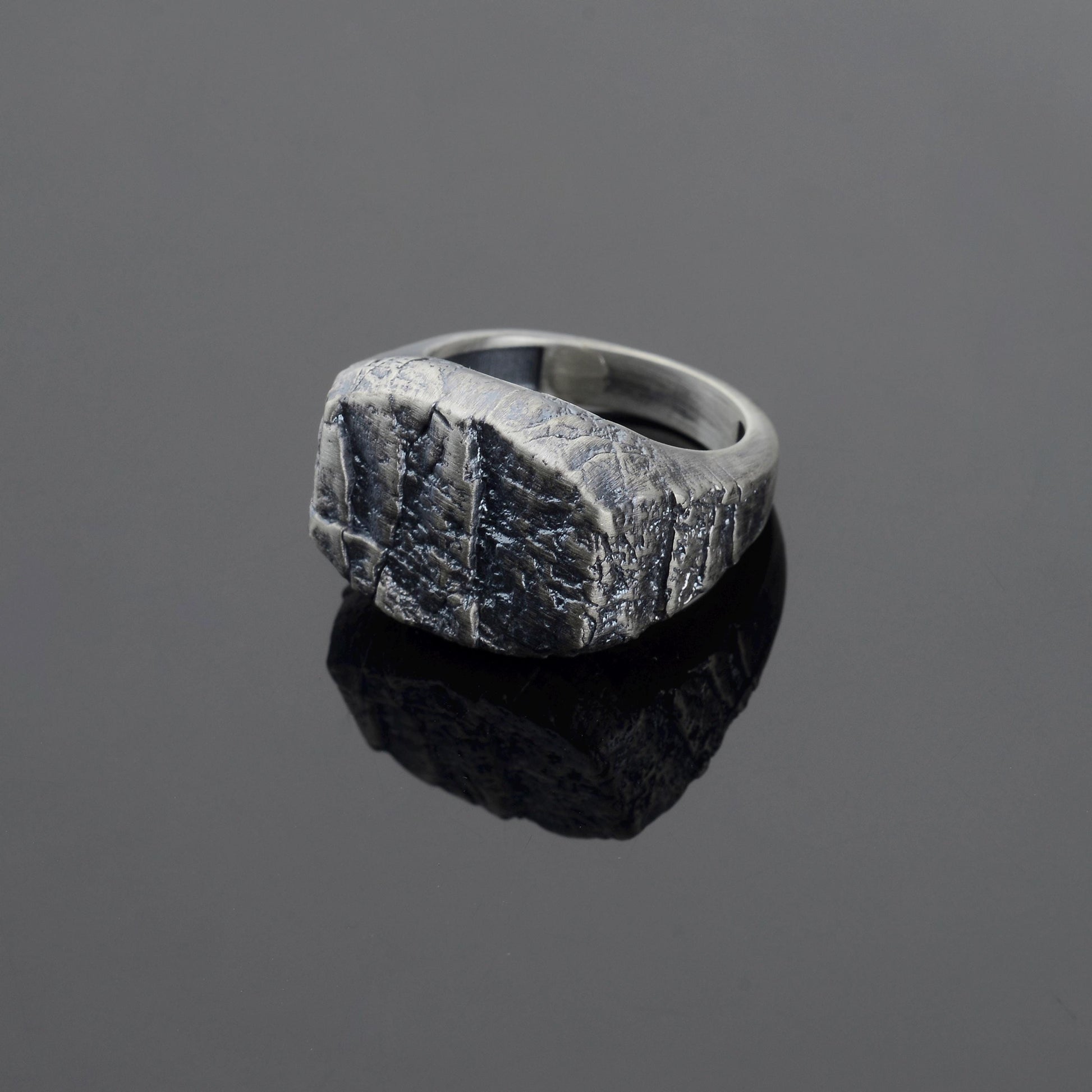 Handmade Sterling Silver Lava Rock Ring: Brutalist Biker Style Ring
