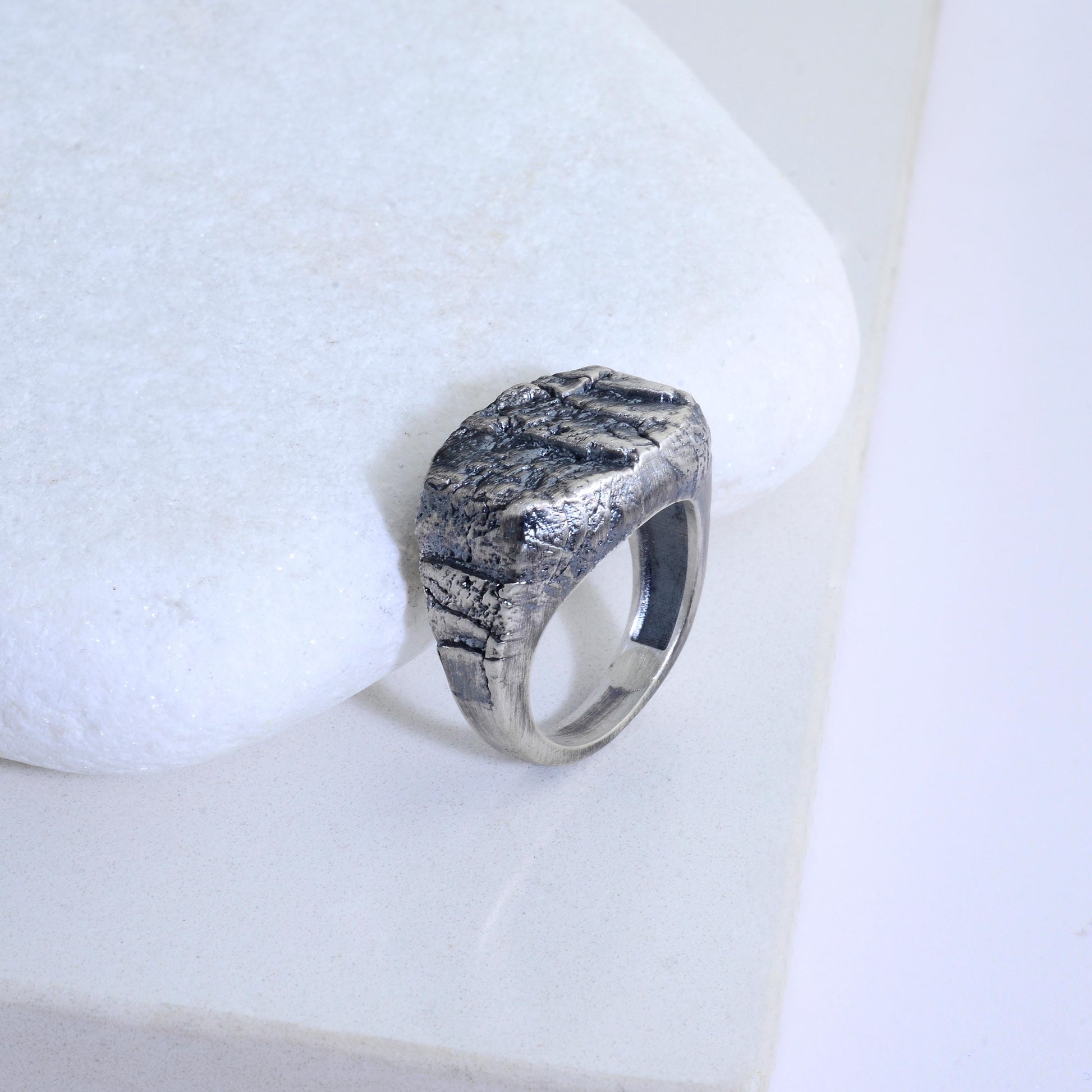 Handmade Sterling Silver Lava Rock Ring: Brutalist Biker Style Ring