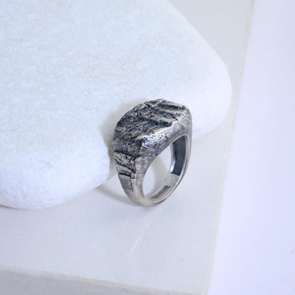 Handmade Sterling Silver Lava Rock Ring: Brutalist Biker Style Ring