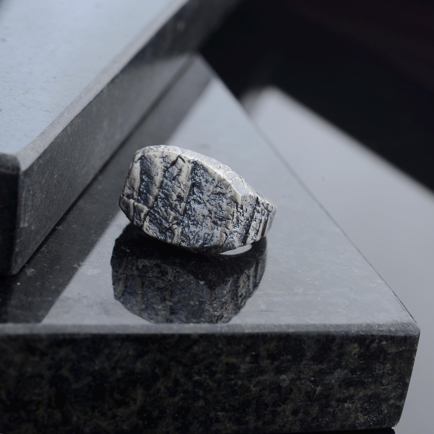 Handmade Sterling Silver Lava Rock Ring: Brutalist Biker Style Ring