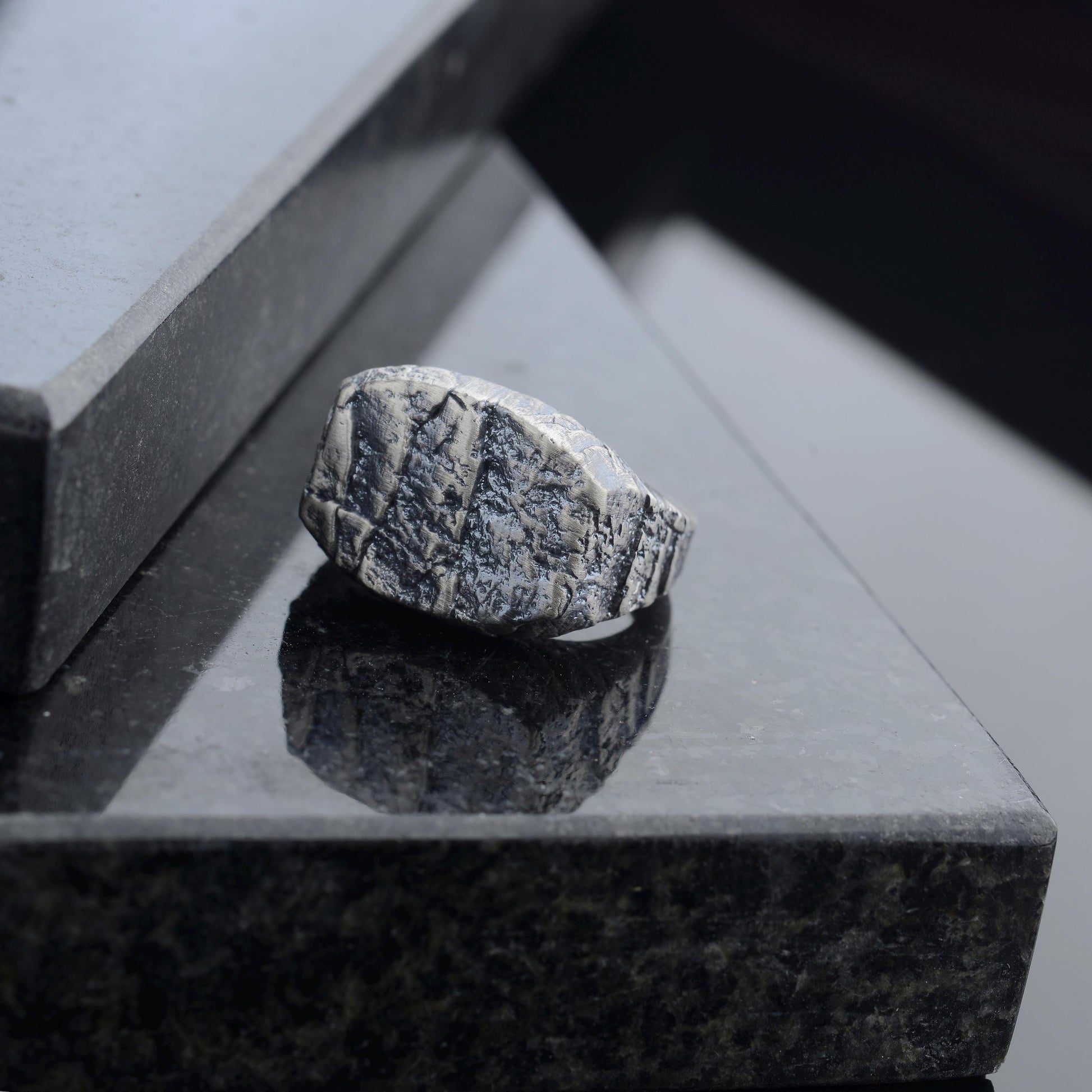 Handmade Sterling Silver Lava Rock Ring: Brutalist Biker Style Ring