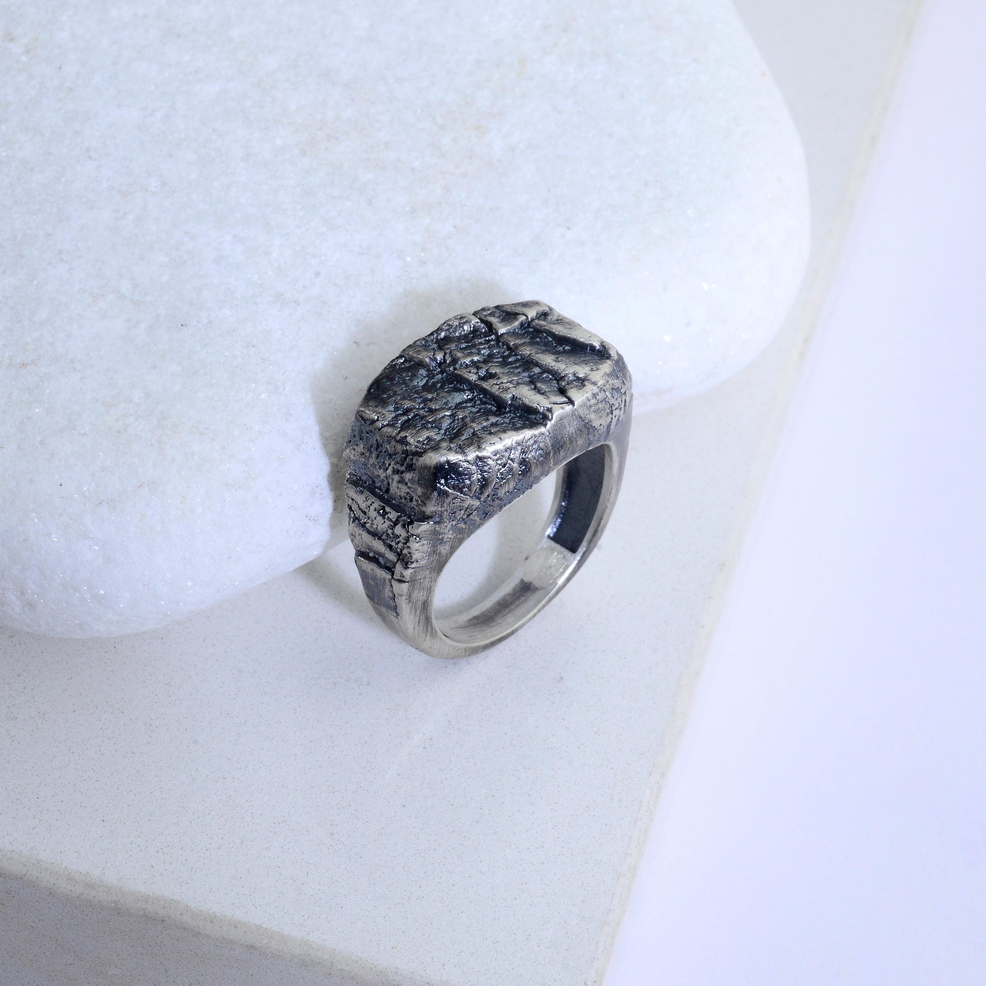 Handmade Sterling Silver Lava Rock Ring: Brutalist Biker Style Ring
