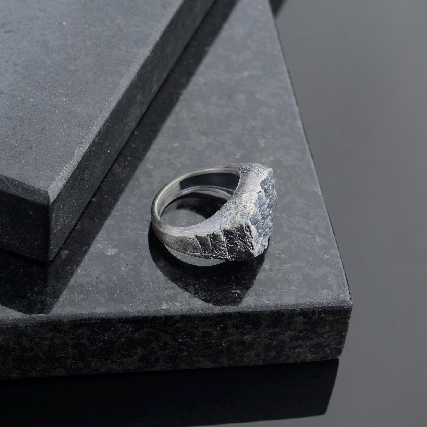 Handmade Sterling Silver Lava Rock Ring: Brutalist Biker Style Ring