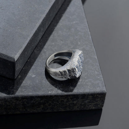 Handmade Sterling Silver Lava Rock Ring: Brutalist Biker Style Ring