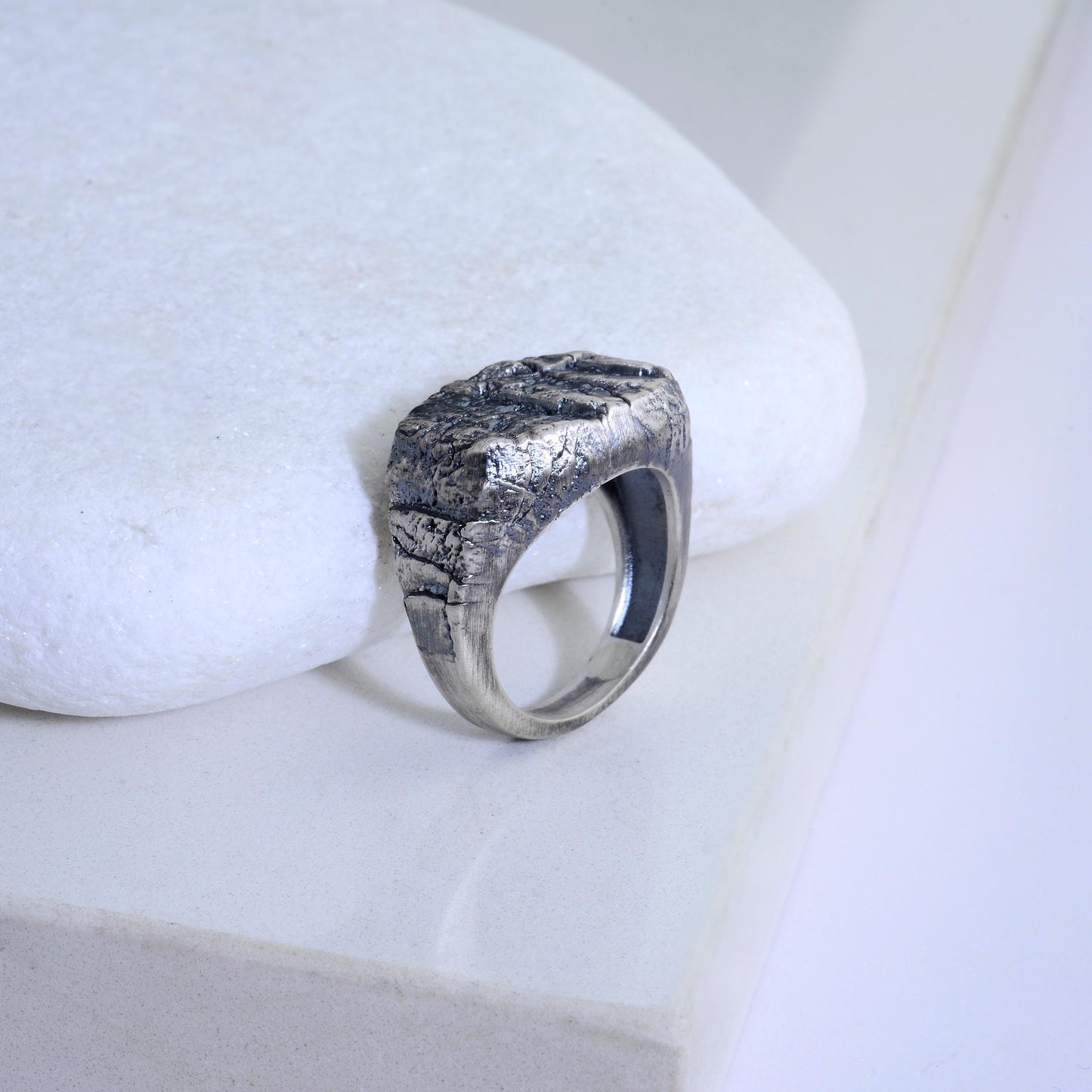 Handmade Sterling Silver Lava Rock Ring: Brutalist Biker Style Ring