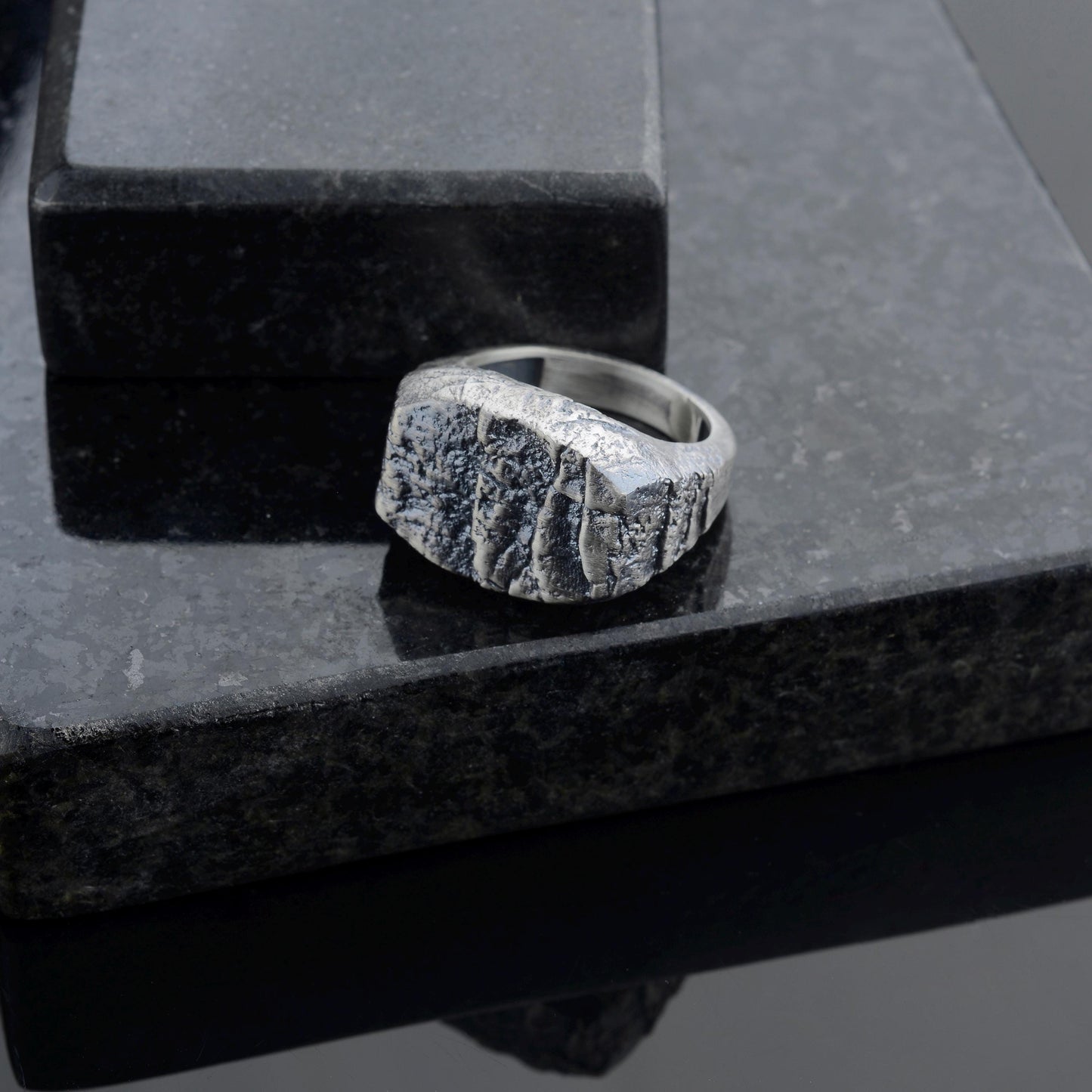 Handmade Sterling Silver Lava Rock Ring: Brutalist Biker Style Ring