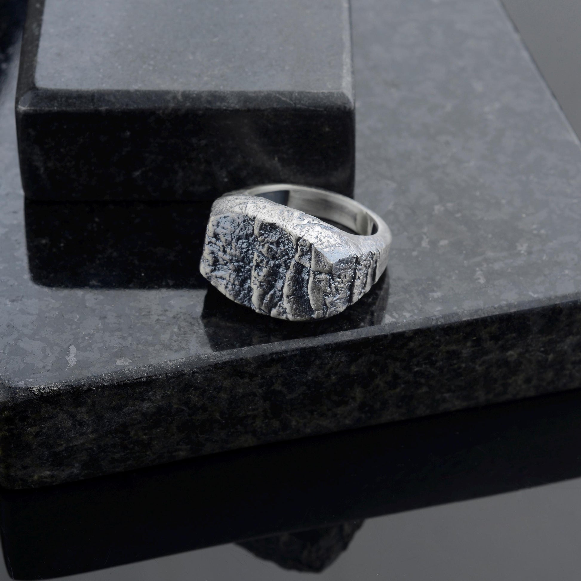 Handmade Sterling Silver Lava Rock Ring: Brutalist Biker Style Ring
