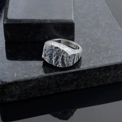 Handmade Sterling Silver Lava Rock Ring: Brutalist Biker Style Ring