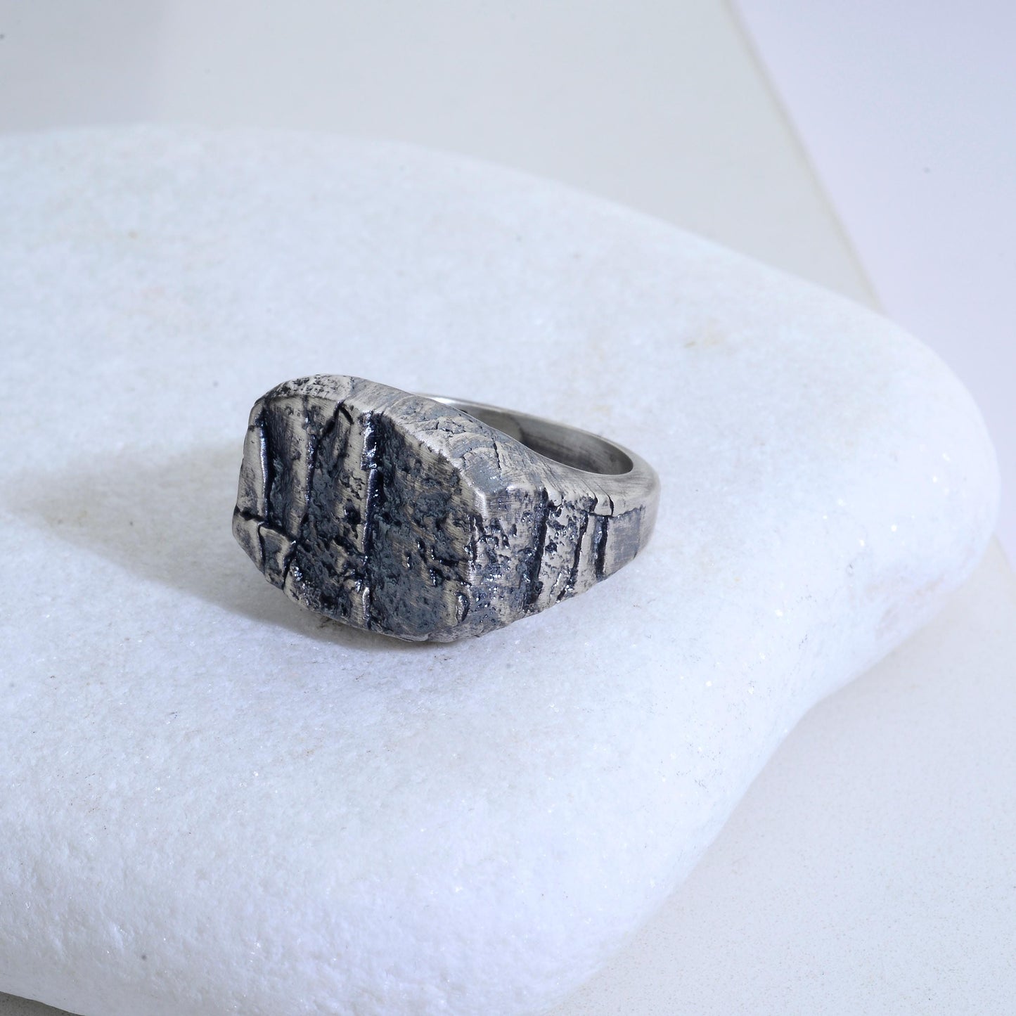 Handmade Sterling Silver Lava Rock Ring: Brutalist Biker Style Ring