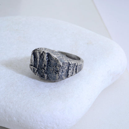 Handmade Sterling Silver Lava Rock Ring: Brutalist Biker Style Ring