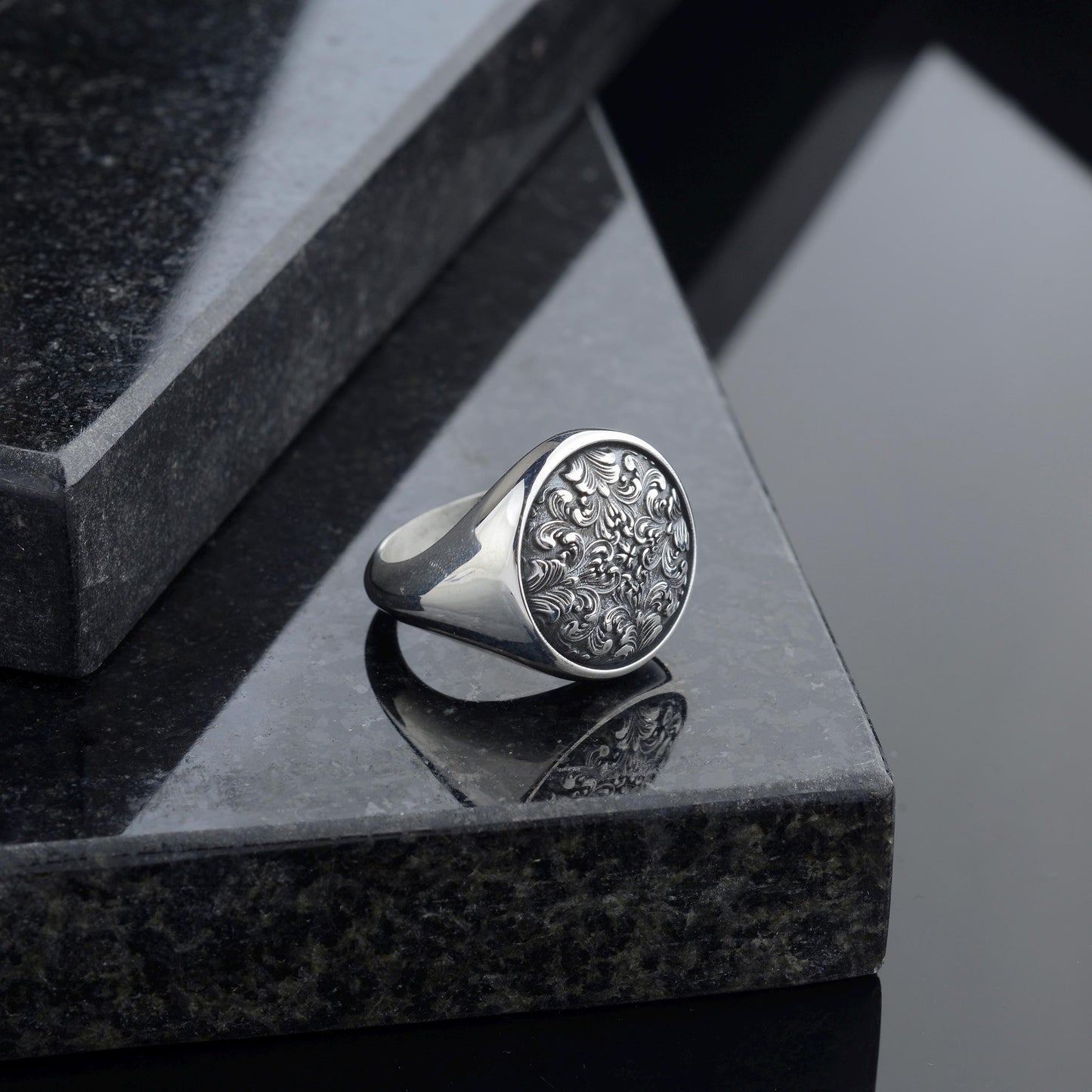 Handmade Sterling Silver Ornate Signet Ring: Gothic Baroque Jewelry