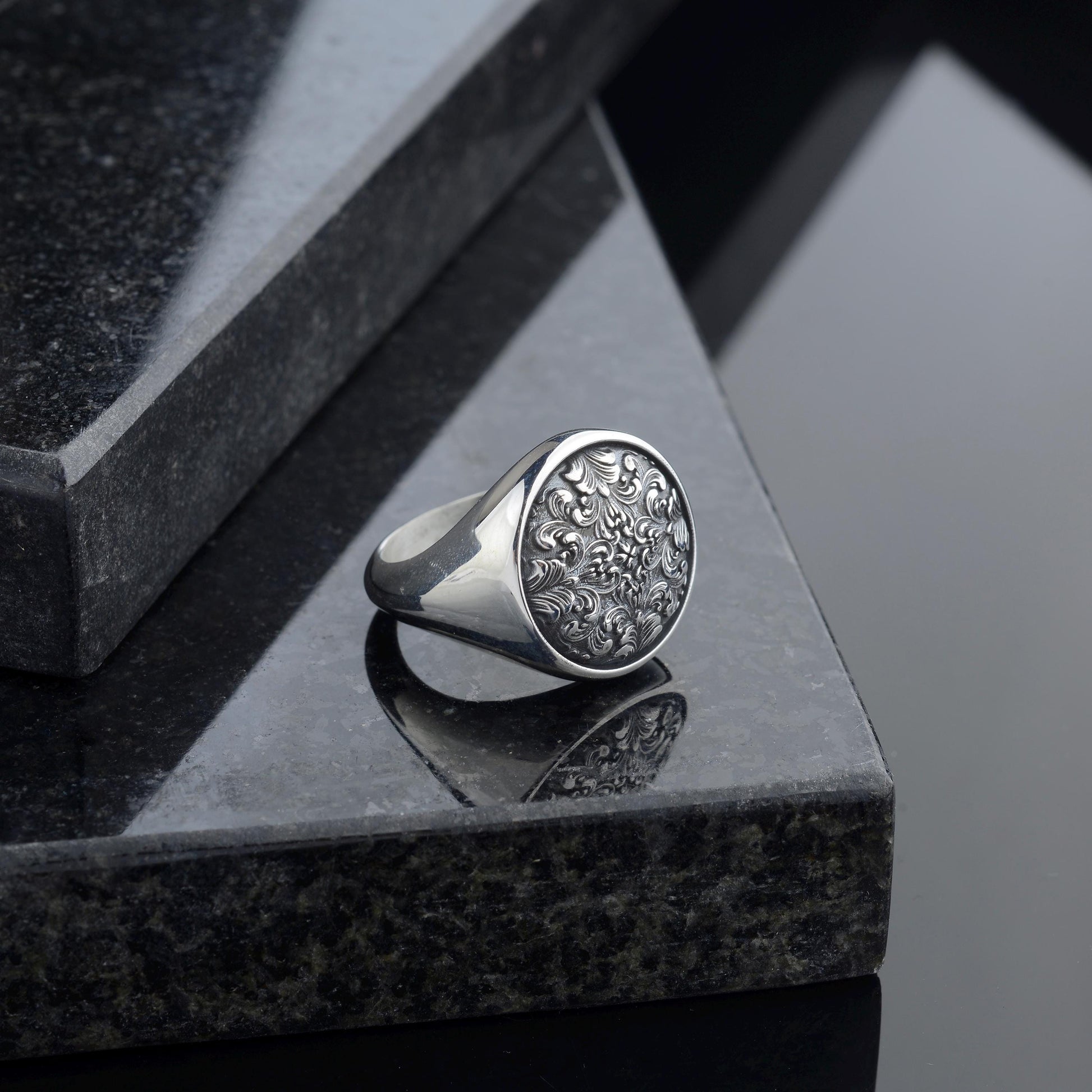 Handmade Sterling Silver Ornate Signet Ring: Gothic Baroque Jewelry