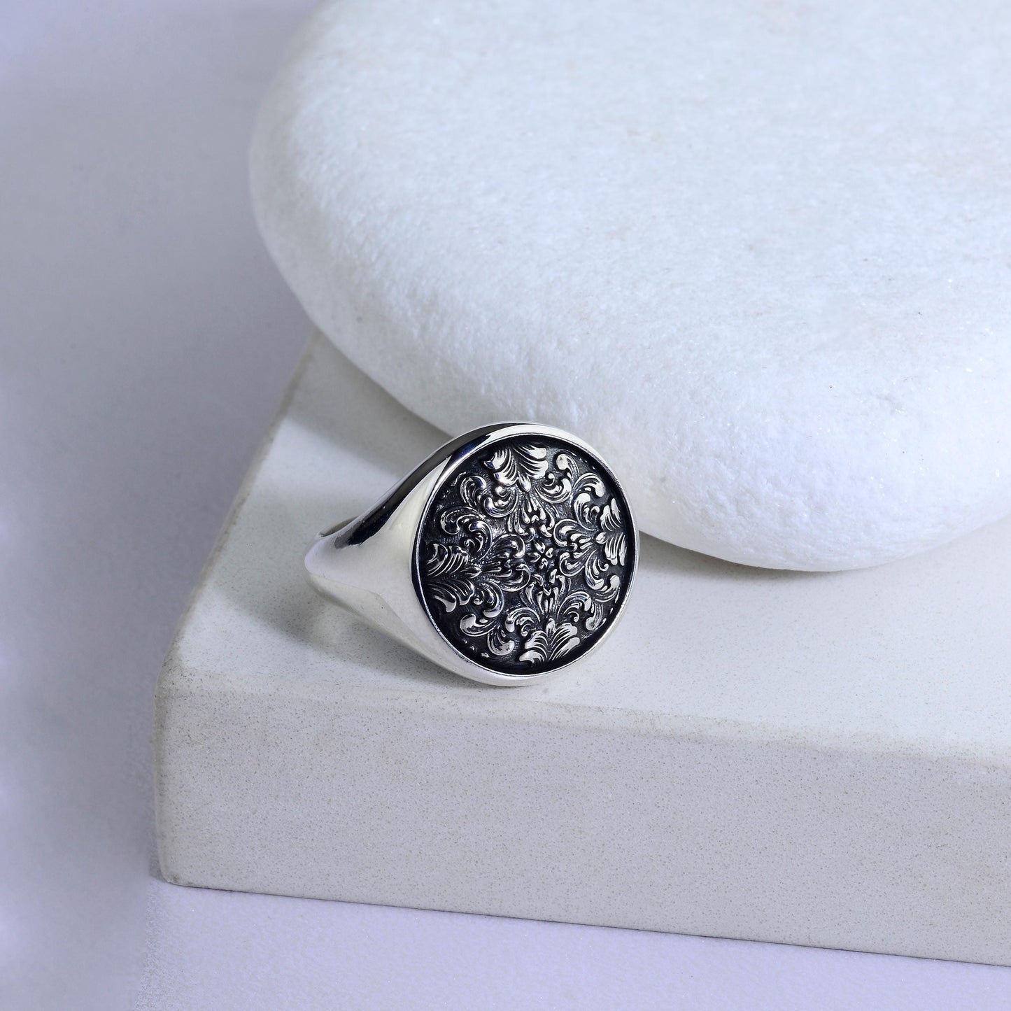 Handmade Sterling Silver Ornate Signet Ring: Gothic Baroque Jewelry