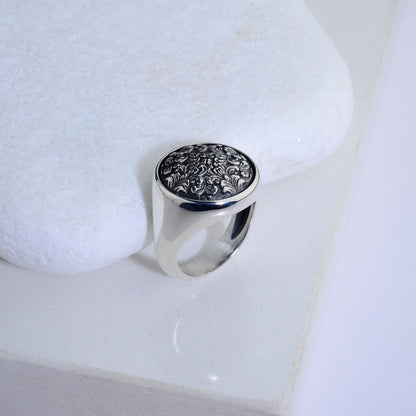 Handmade Sterling Silver Ornate Signet Ring: Gothic Baroque Jewelry