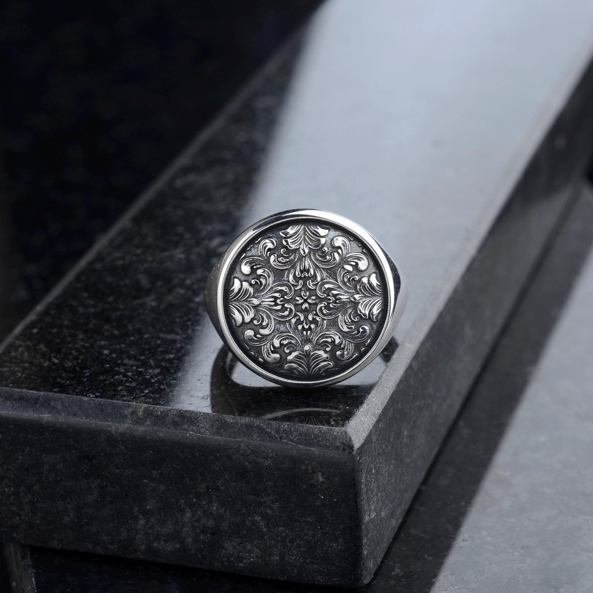 Handmade Sterling Silver Ornate Signet Ring: Gothic Baroque Jewelry