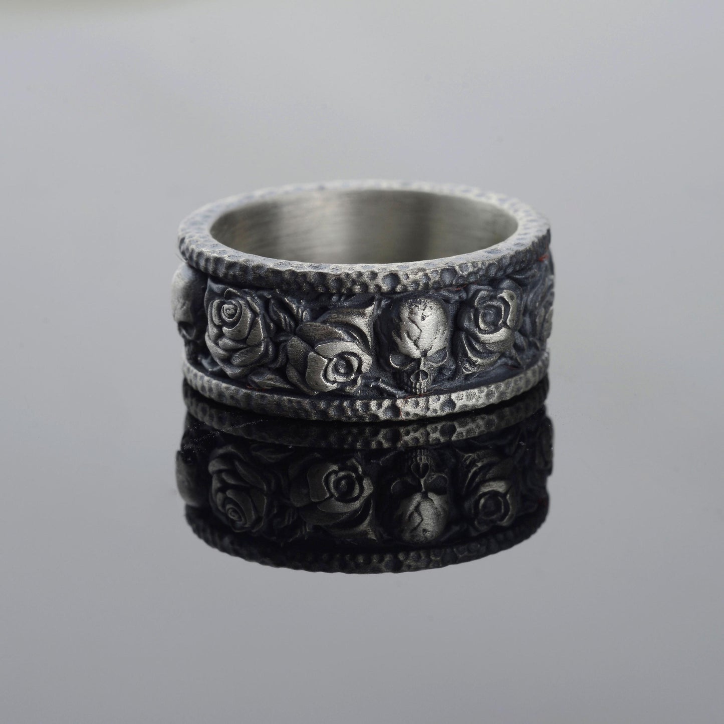 Handmade Sterling Silver Skull and Rose Gothic Biker Ring