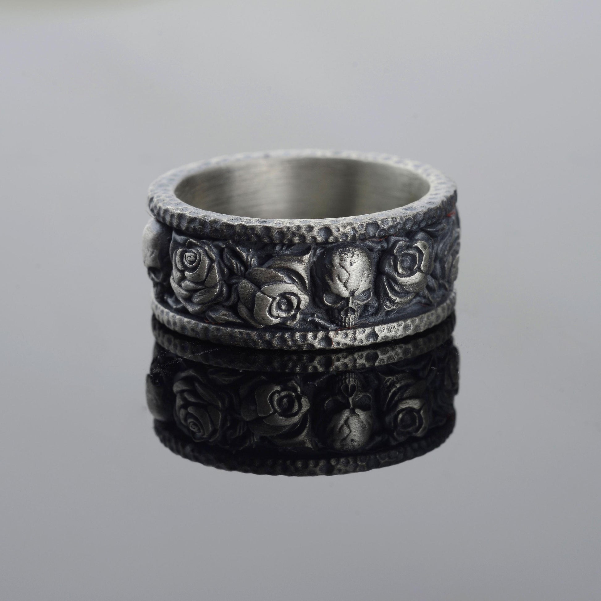 Handmade Sterling Silver Skull and Rose Gothic Biker Ring