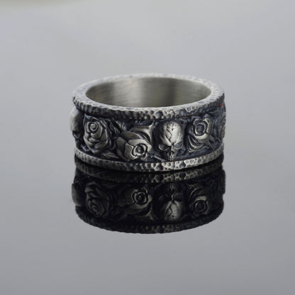 Handmade Sterling Silver Skull and Rose Gothic Biker Ring